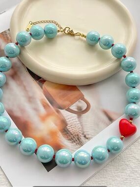 Blue Beaded Necklace Red Heart Charm Adjustable Cable Chain Lobster Clasp